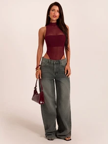 SHEIN BAE 秋冬酒紅色高領透視網紗無袖緊身性感連身衣 感恩節亡靈節派對夜生活穿搭 - 酒紅色 - 查看 3