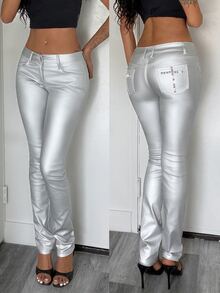 Jeanoix 1pc Slant Pocket PU Leather Pants - Silver - View 1