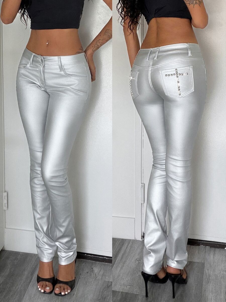 Jeanoix 1pc Slant Pocket PU Leather Pants - Silver - View 1