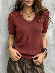 SHEIN Franclia 女款針織上衣 V 領鏤空設計，適合約會、度假、派對、日常穿著、聚會、戶外活動 - 鏽棕色 - 查看 3