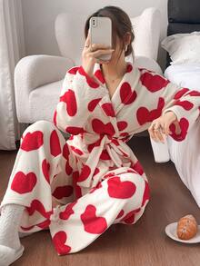 SHEIN Heart Flannel Soft & Comfortable Tie-Up Robe And Pants Loungewear Set - Multicolor - View 3