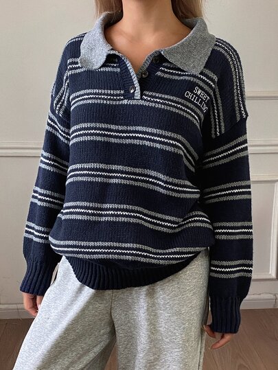 DAZY Autumn/Winter Navy Blue & Grey Contrast Stripe Letter Embroidered Knit Loose Casual Collegiate Style Daily Women's Sweater
