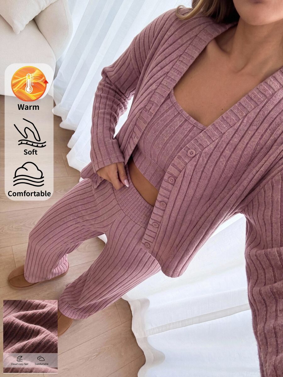 SHEIN BASICS Women's Solid Color Dropped Shoulder Long Sleeve Open Front Top, Cropped Tank Top And Long Pants Casual Set - Coral Orange - View 1