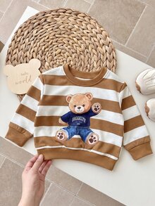 SHEIN Playful Pals 2pcs Baby Boy Sweatshirt + Pants Set Cute Brown Tan Striped Bear Print Ribbed Long Sleeve Round Neck Regular Outdoor Party Fall Halloween Holiday Top - Khaki - View 3