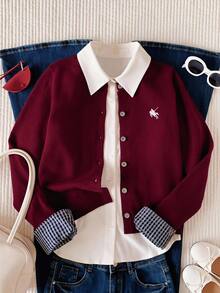 Comfortcana Women's Patchwork Plaid Cuff Single-Breasted Knit Cardigan - Burgundy - View 5