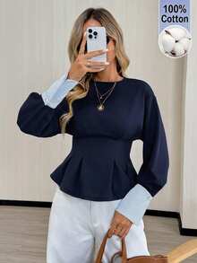 Easowa Casual Relaxed Elegant Commute Women's Shirt, Traceable Cotton Colorblock Patchwork Waist-Cinching Ruffle Hem Blouse - Blue - View 1