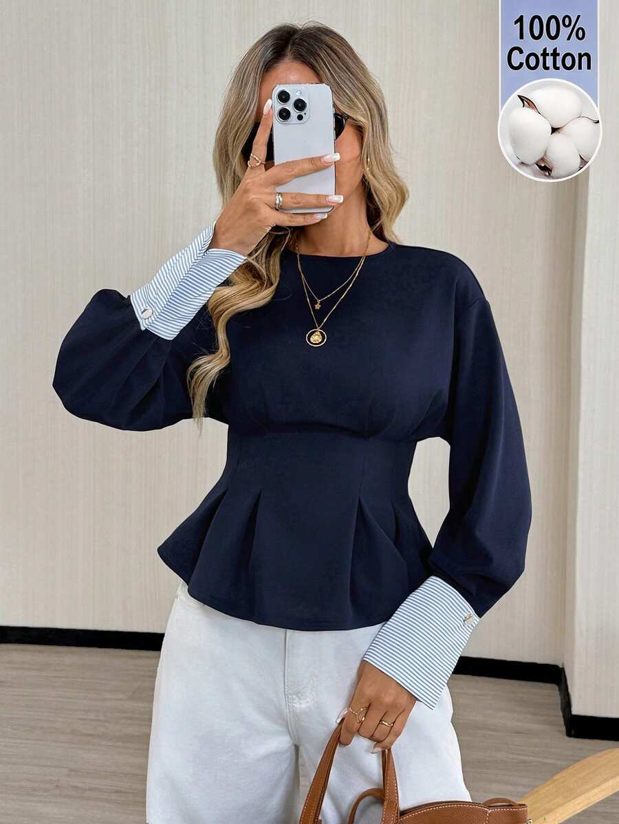 Easowa Casual Relaxed Elegant Commute Women's Shirt, Traceable Cotton Colorblock Patchwork Waist-Cinching Ruffle Hem Blouse - Blue - View 1
