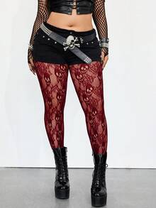 Whyspr Women's Plus Size Sexy Skull Hollow Mesh Leggings - Burgundy - View 4