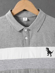 SHEIN Mirajuku 男童拼接長袖 Polo 衫，簡約時尚領口，白色 - 灰色 - 查看 4