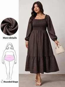 Enliva Plus Size Women's Vacation Loose Plaid Dress - Brown - View 1