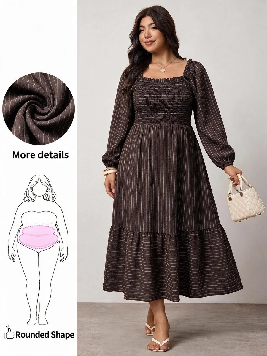 Enliva Plus Size Women's Vacation Loose Plaid Dress - Brown - View 1