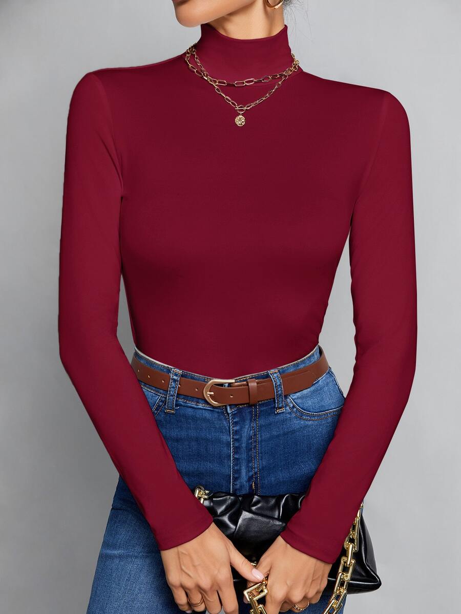 SHEIN Tall Simple Solid Color Slim High Collar White Top Suitable For Autumn And Winter - Burgundy - View 1