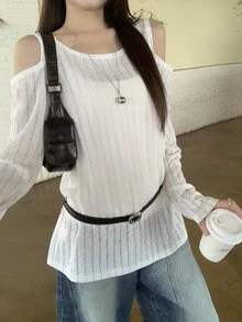 DAZY 女款鏤空露肩開衩休閒寬鬆版型T恤 Y2K - 白色 - 查看 2