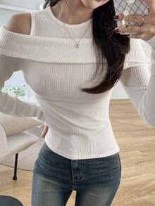 DAZY Women's Solid Color 2 In 1 Cold Shoulder Slim Fit Fashion T-Shirt Black Spring Autumn - White - View 4