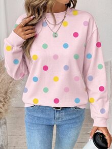 SHEIN LUNE 女款俏皮可愛彩色波點圖案運動衫，優雅休閒時尚，適合秋冬穿著 - 白色 - 查看 6