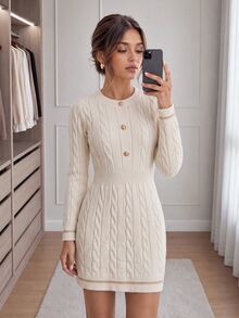 Easowa Women's Round Neck Long Sleeve Button Front Sweater Dress - White - View 3