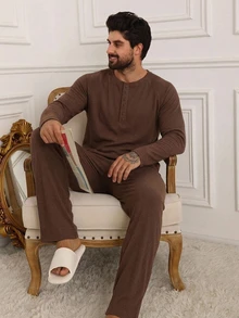 DAZY Men's Solid Color Crew Neck Long Sleeve Top & Long Pants Loungewear Set - Coffee Brown - View 6