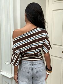 Aloruh Asymmetrical Shoulder Loose Top With Ruched Waist, Minimalist Preppy Striped Basic T-Shirt - Brown - View 2
