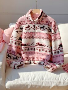 Comfortcana 女款半拉鍊高領撞色滿版印花抓絨休閒日常時尚套頭運動衫 - 粉色 - 查看 8
