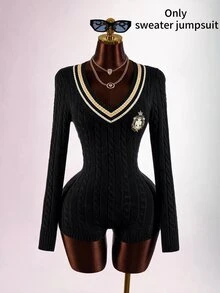 Amplova Women's Preppy V-Neck Cinched Waist Ultra Short Mini Romper - Black - View 7
