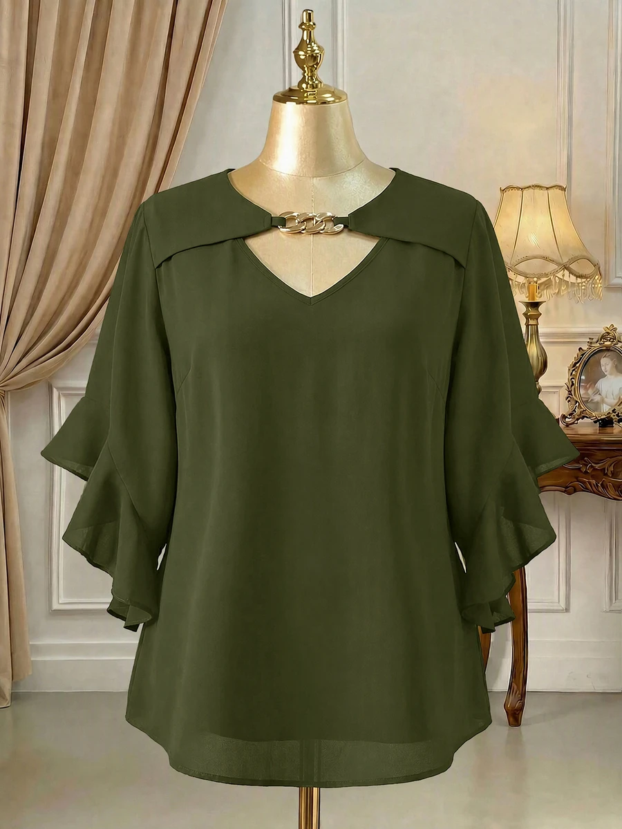 Velvienne Plus Size Hollow Neck Ruffle Sleeve Solid Color Blouse - Army Green - View 1