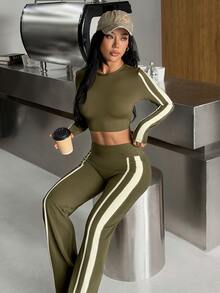 Muchica Women's Olive Green High Neck Long Sleeve Crop Top & Side Stripe Leggings Sports Set Gym Set Workout Set Sportswear Activewear Push Up Booty Lift Fall - Olive Green - View 2