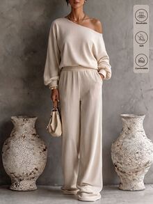 Glimmora New Vintage Apricot Fashion Casual Basic Asymmetrical Shoulder Top With Lantern Cuffs And Wide-Leg Pants Women's 2 Pieces Set - Apricot - View 5