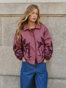 Nöista Quilted Jacket In Pink Colors With Leaves Print And Snap Buttons For Closure, Oversize Look. Fall, Winter, Casual, Outerwear.  - Pink - View 3