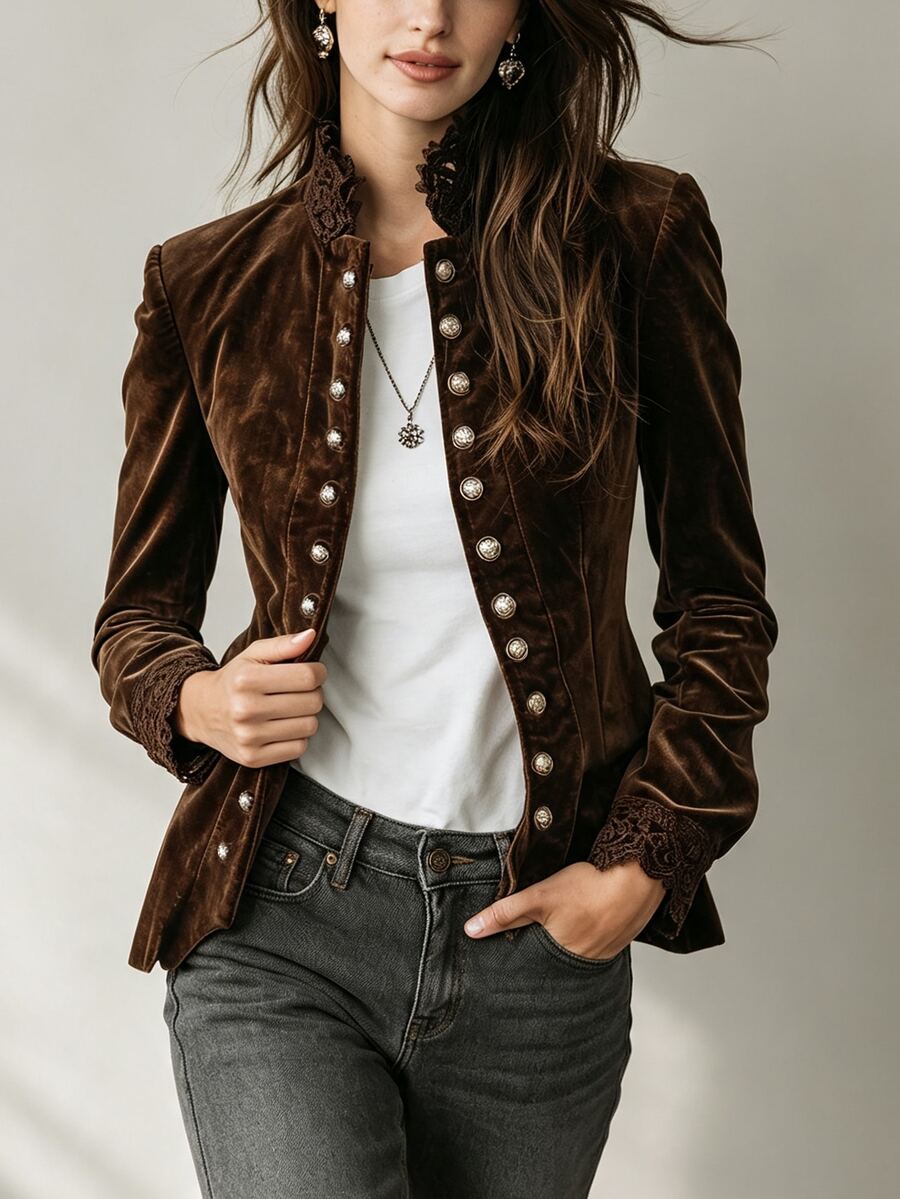 SHEIN Women's Elegant Velvet Fabric Lace Patchwork Commuter Party Casual Jacket - Brown - View 1