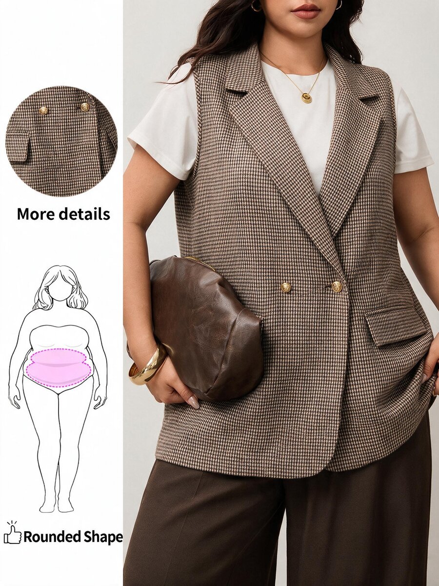 Enliva Plus Size Plaid Lapel Vest Top Apple - Brown - View 1