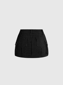 ROMWE Y2K Dark Gothic Striped Zipper Design Women's Denim Skirt - Black - View 2