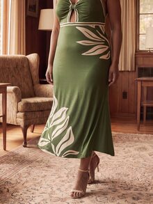 CAJUNI Plus Size Women's Tropical Plant Print Sexy Halter Neck Vacation Dress - Green - View 7