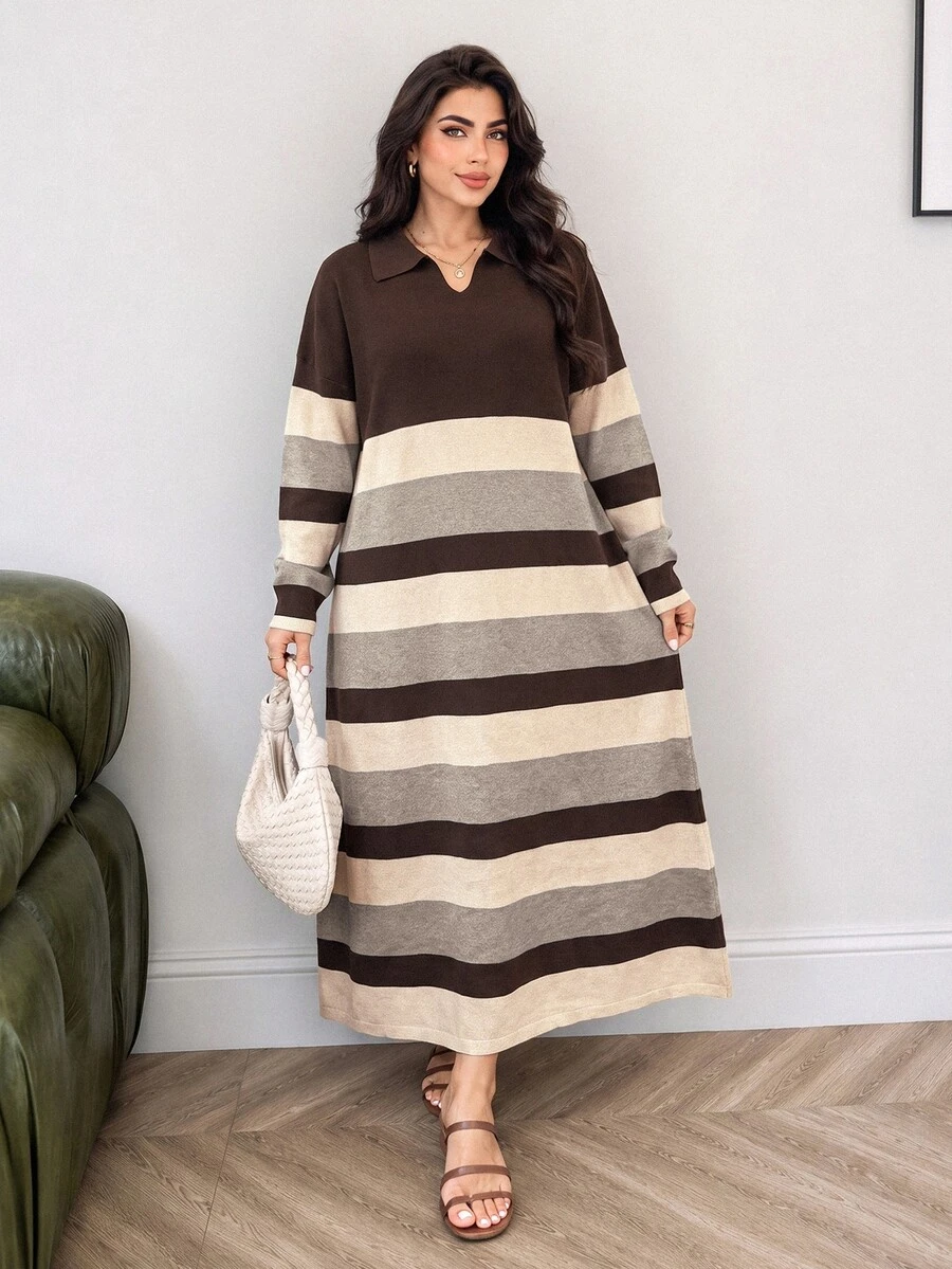 Feyla Plus Size Women's Striped Collared Long Sleeve Casual Knit Dress - Multicolor - View 1