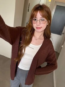 K-Vae Women's Solid Color Long Sleeve Loose Fashion Versatile Cardigan - Brown - View 6