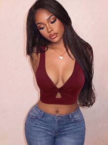 SHEIN Core Rhythm Women's Solid Color Twisted Cutout Design Daily Fitness Sports Bra - Burgundy - View 6