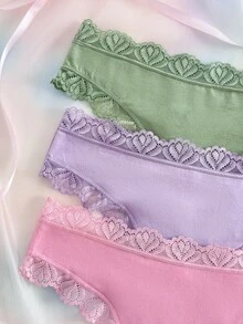 Eraneu 3PCS Lace Trim Women's Panties, Soft And Comfortable, Suitable For Daily Wear And All Seasons, Sweet And Cute, Perfect For Dates And Parties - Multicolor - View 3