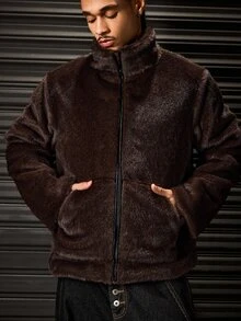 ROMWE MEN Men's Coffee Faux Fur Zipper Stand Collar Jacket - Coffee Brown - View 1
