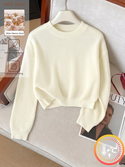 SHEIN 1pc Girls' Sweater, Versatile Round Neck Light Yellow Short Drop Shoulder Long Sleeve, Soft And Fresh Style, Cute Casual Knit Pullover, Regular Thickness, Neat Hem And Tight Cuffs, Soft And Skin-Friendly, Bright Color, No Fading, Suitable For Daily Wear, School, Outdoor Activities And Other Occasions, Autumn/Winter Outfit