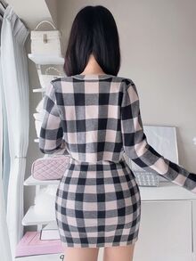 FRIFUL Women's Plaid Pattern Camisole Dress & Long Sleeve Cardigan Fashion Casual Sweater 2 Pieces Set - Black - View 2