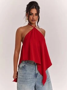 SHEIN BAE 春夏女款休閒度假掛脖露背不對稱下擺黃色純色緞面背心，適合海邊度假、海灘假期、姐妹休閒度假，優雅實用黃色緞面背心 - 紅色 - 查看 6