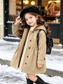SHEIN Elladie kids 女童冬季外套，海軍藍馬刺繡圖案，保暖內裡，連帽，雙排扣，時尚夾克，適合休閒日常穿著與校園風格 - 卡其色 - 查看 3