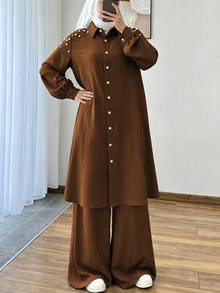 Lacomfia Setelan 2 Potong Kasual Minimalis Warna Polos dengan Hiasan Manik-manik, Kemeja Lengan Panjang Pas Badan dan Celana Panjang Kaki Lebar Pinggang Elastis Warna Polos untuk Musim Semi dan Gugur Ukuran Besar - Chocolate Brown - View 6