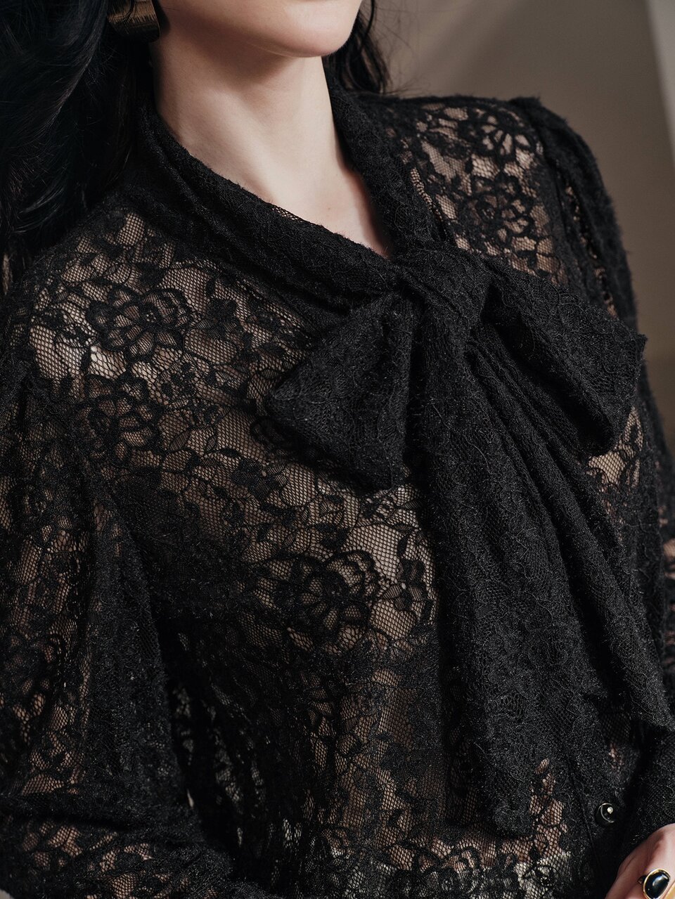 New Autumn Black Collar Vintage Bowknot Floral Lace Button-Up Blouse Long Sleeve Women's Top