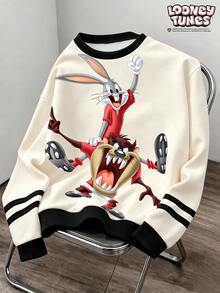 LOONEY TUNES X SHEIN Daypath 男士圓領對比飾邊卡通印花休閒日常百搭長袖衛衣 - 杏色 - 查看 1