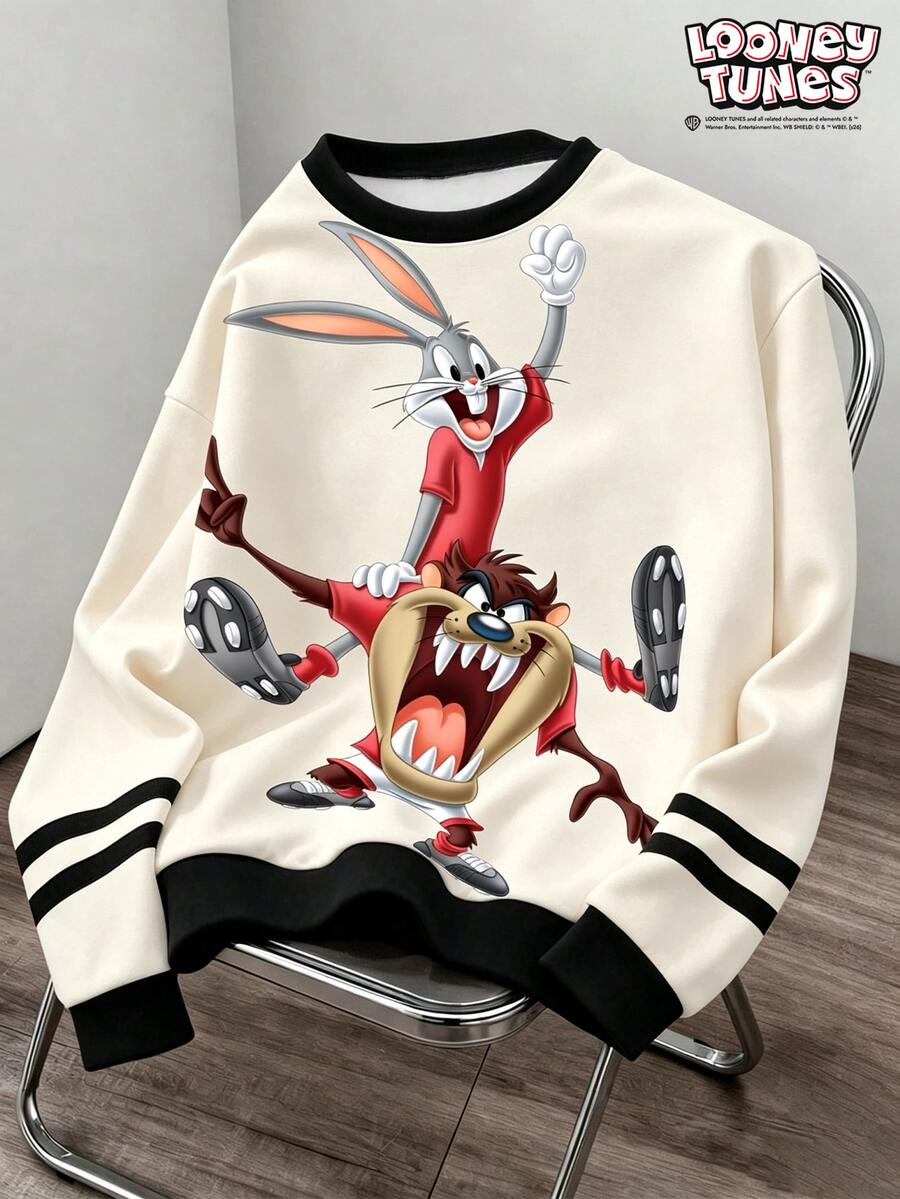 LOONEY TUNES X SHEIN Daypath 男士圓領對比飾邊卡通印花休閒日常百搭長袖衛衣 - 杏色 - 查看 1