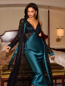 Slumberist Split Hem Lace Trim Faux Silk Cami Sexy Nightgown And Lace Mesh Robe Sleepwear Set - Dark Green - View 5