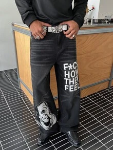 STEELVANCE 男士美式街頭風 Frank 肖像印花黑色水洗牛仔直筒寬腿長褲 - 深灰色 - 查看 2