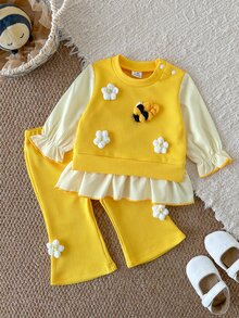 SHEIN 2pcs Baby Girls Top Flare Pants Cute Sweet Bright Yellow Floral Bee Ruffle Flutter Sleeve Round Neck Birthday Fall Long Sleeve Top Holiday Ribbed Knit - Yellow - View 1