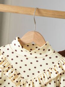SHEIN 2件組女童幼兒簡約可愛波點印花荷葉邊高領保暖內層T恤上衣，黃色與棕色，秋冬款 - 彩色 - 查看 5