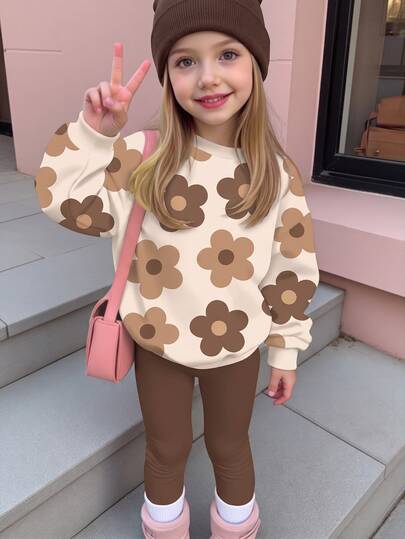 Young Girl Cute Polka Dot & Floral Pattern, Maillard Color Palette, Crew Neck Sweatshirt & Elastic Waist Long Pants Set, Suitable For Autumn/Winter, Girls Outfit Sets, Chill, Kawaii, Cozy Fall & Winter Styles